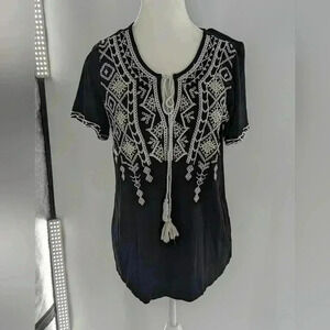 Keep In Touch Shirt Womens M Black & White Embroidered V Neck Boho Tunic Blouse